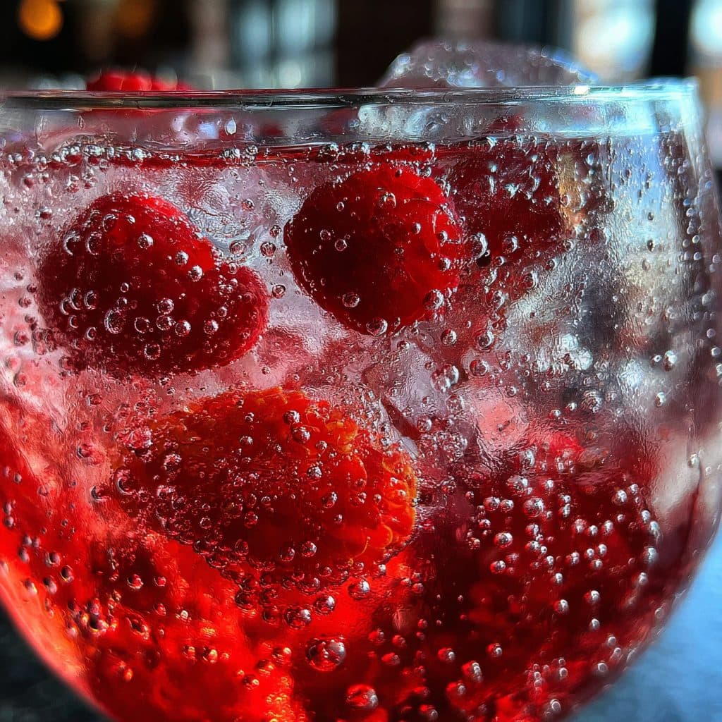 Ein großes Weinglas mit einem eiskalten, hellrosa Getränk, Beeren und Minze.