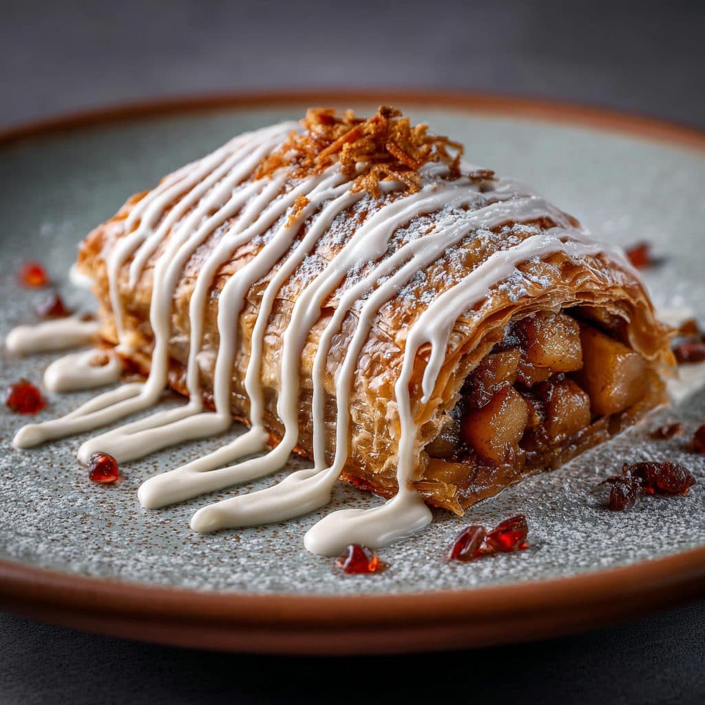 Ein aufgeschnittener Apfelstrudel, aus dem die Füllung quillt, daneben gelbe Sauce.