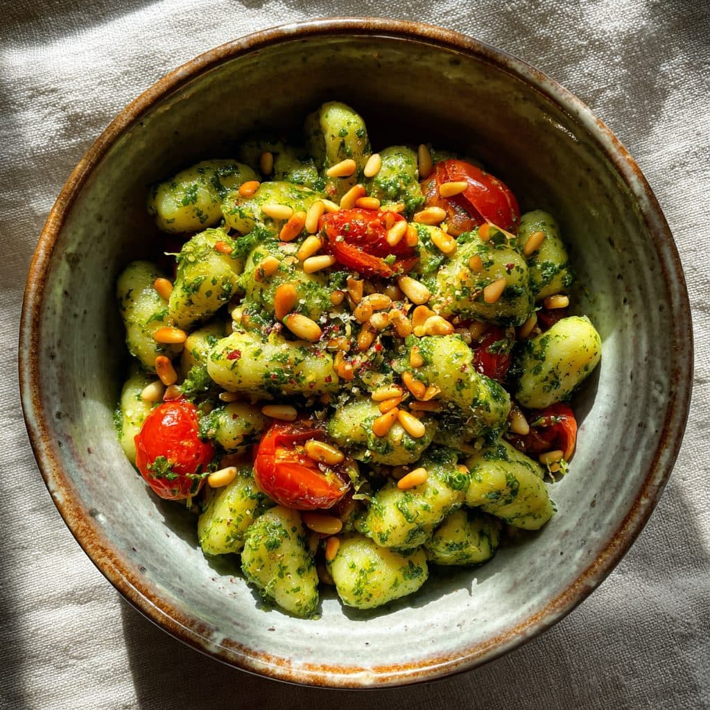 Bärlauch-Pesto-Gnocchi mit Kirschtomaten und gerösteten Pinienkernen