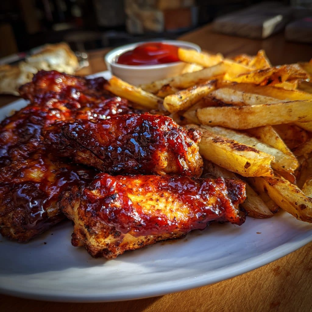 Ein Teller mit glänzenden, BBQ-glasierten Hähnchenflügeln und einer Portion goldgelber, knuspriger Pommes, serviert mit einem Schälchen Ketchup.