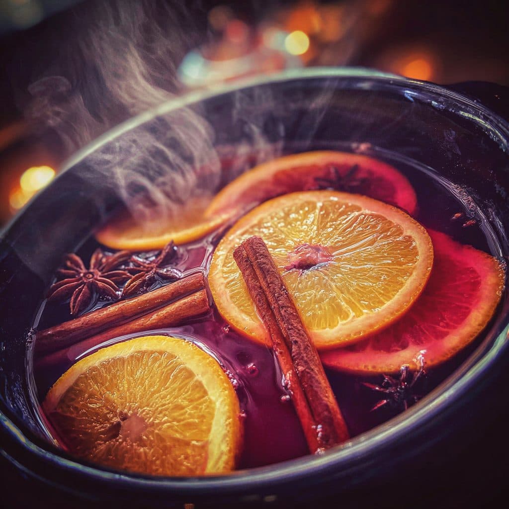 Ein dampfender roter Saft in einem Glas mit einer Zimtstange.