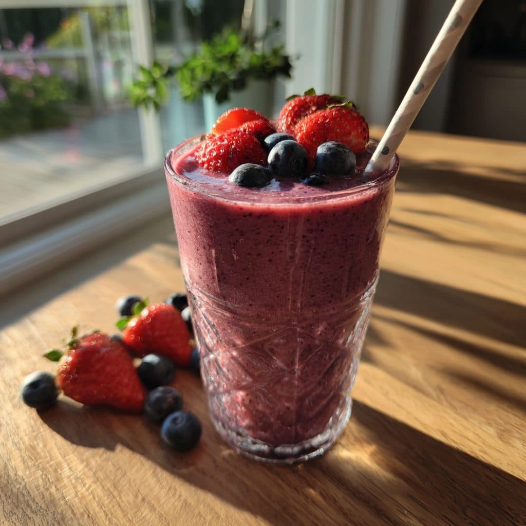 Lila-roter Beerensmoothie in einem Glas mit frischen Beeren und einem Strohhalm
