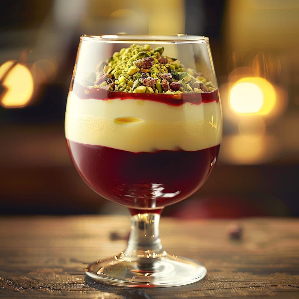 Berliner Rote Grütze mit Vanillecreme und Pistazien-Crunch
