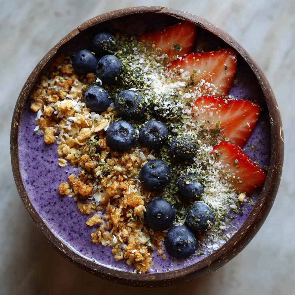 Eine lila Schüssel mit Beerenbrei, dekoriert mit Müsli und Obst.