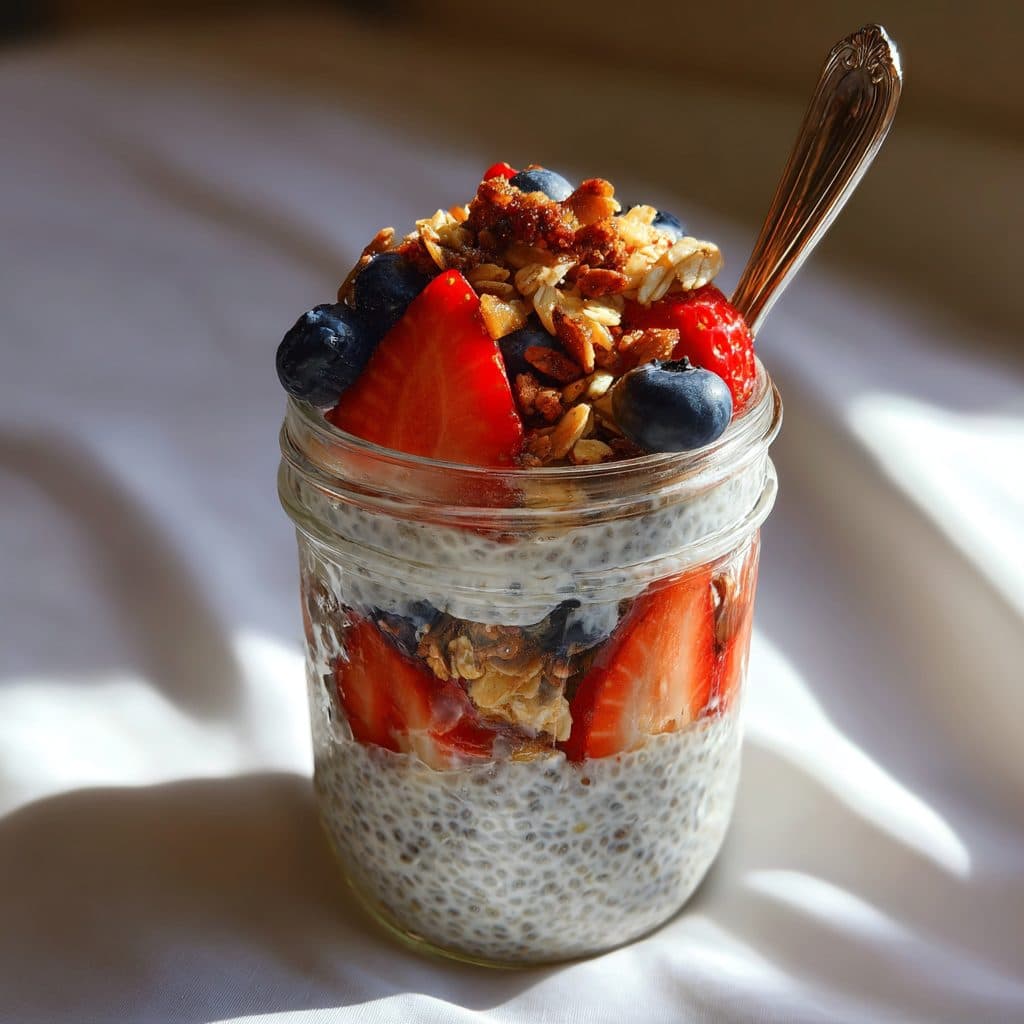 Chia-Pudding im Glas geschichtet mit frischen Erdbeeren und Blaubeeren auf einem Frühstückstisch