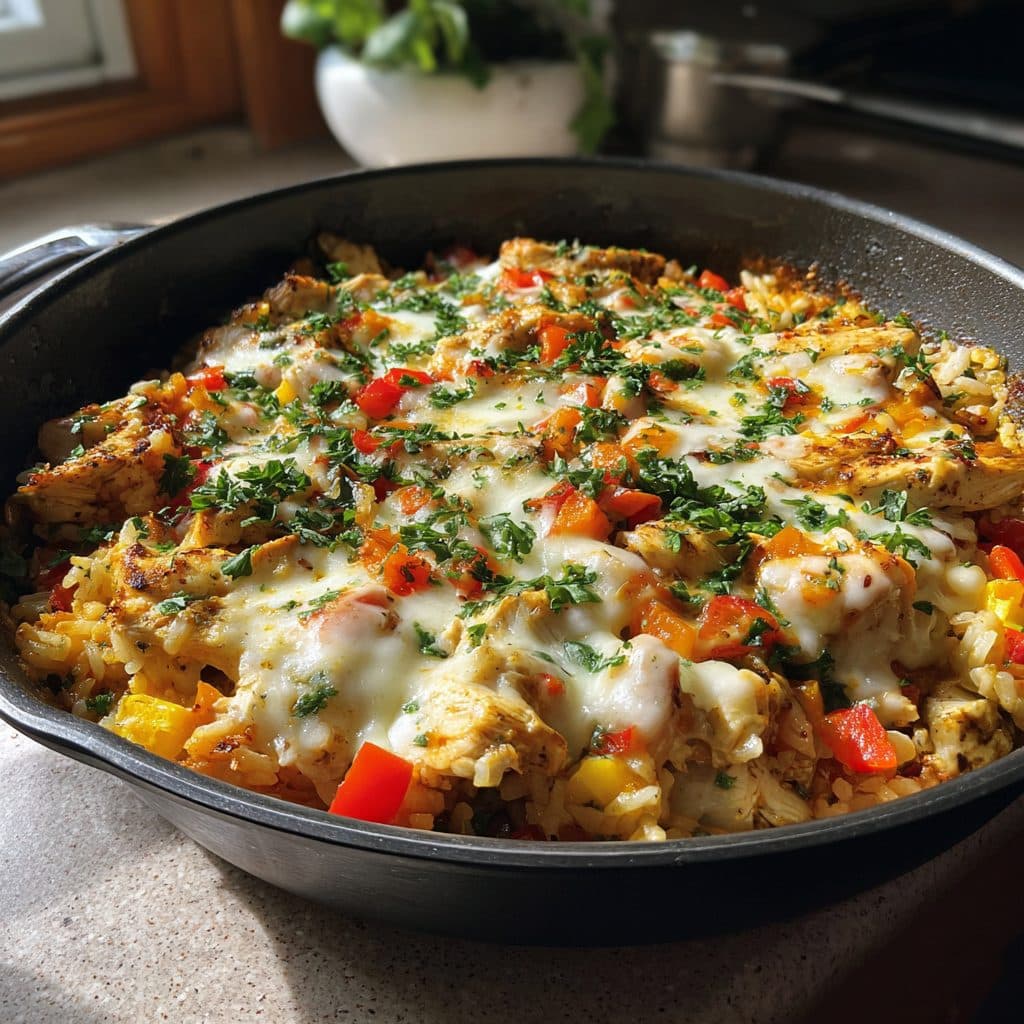 Cremige Hähnchen-Reis-Pfanne mit geschmolzenem Mozzarella