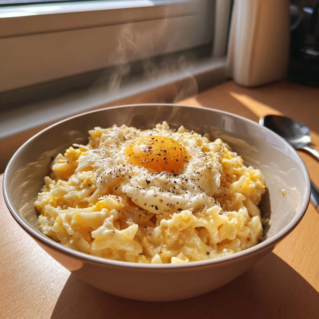 Cremige Pastina mit Ei und Käse in einer Schüssel, mit geschmolzenem Käse und frisch gemahlenem Pfeffer.
