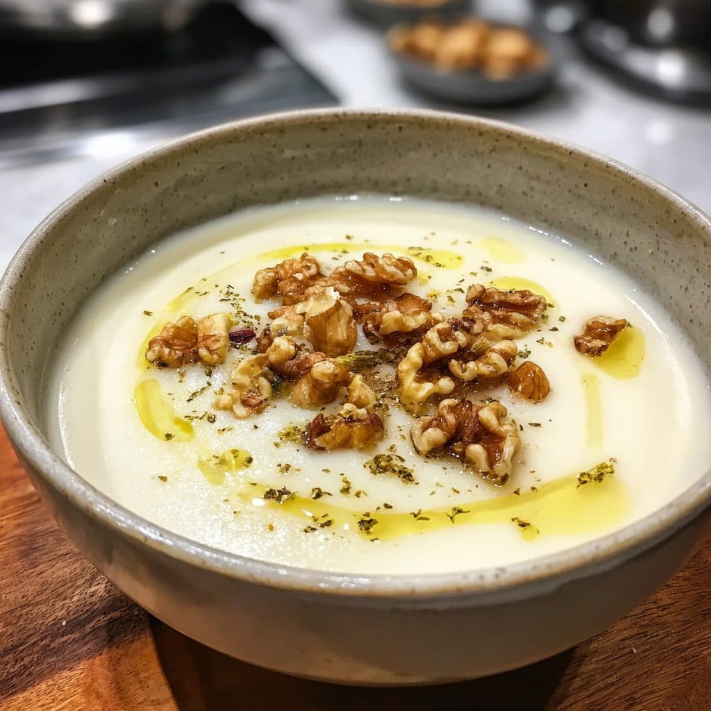 Eine Schale cremige weiße Suppe garniert mit dunklen Walnüssen und frischer Petersilie.