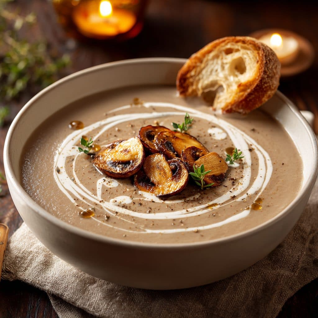 Cremige Pilzsuppe in einer weißen Schüssel mit einem Sahnetropfen, knusprig gebratenen Champignons und frischem Thymian als Topping.
