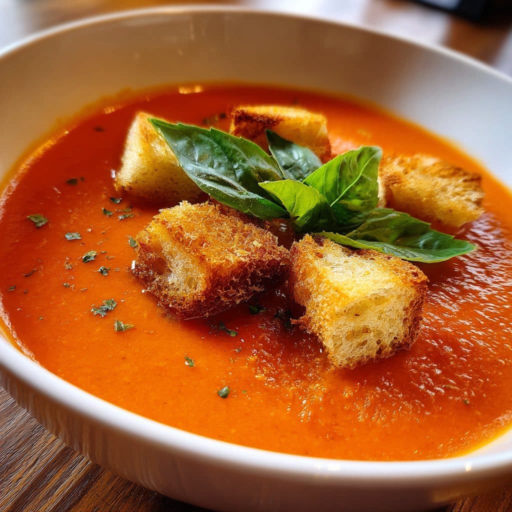 Cremige orangerote Tomatensuppe in einer weißen Schüssel mit goldbraunen Croutons und einem Basilikumblatt