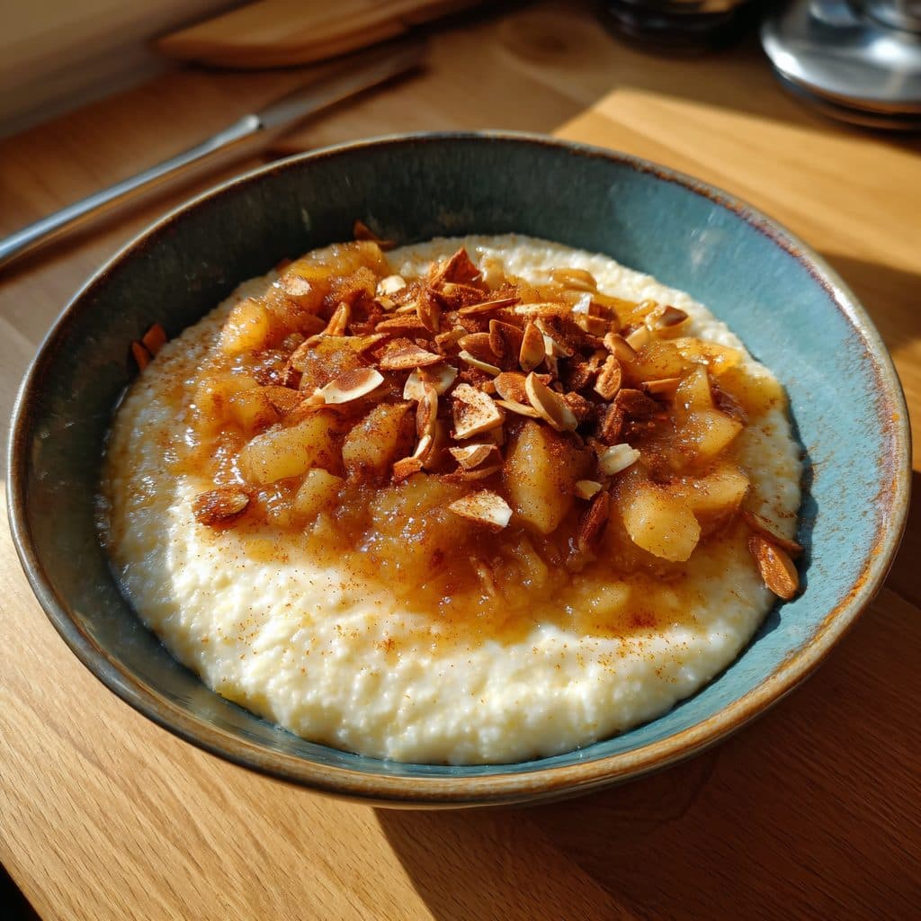 Cremiger Grießbrei mit Apfelkompott und Zimt-Mandeln