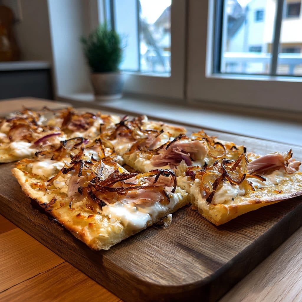 Knuspriger Elsässer Flammkuchen mit Crème fraîche, Zwiebelringen und geräucherter Putenbrust auf einem Holzbrett, in Stücke geschnitten.