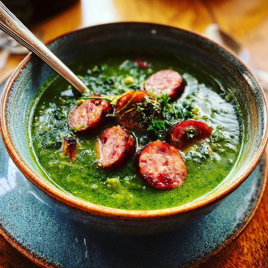 Eine Schüssel mit dicker grüner Erbsensuppe und Wursteinlage.
