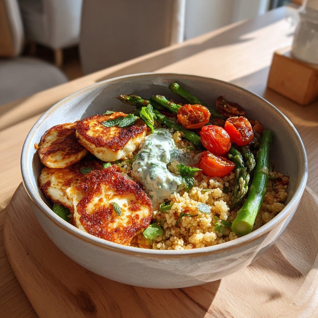 Farbintensive Frühlings-Bulgur-Bowl mit Halloumi und Minzjoghurt