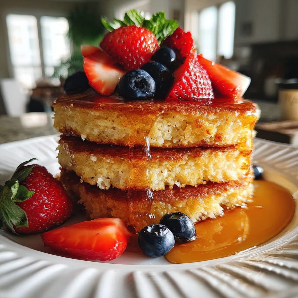 Gestapelte fluffige Pancakes mit frischen Erdbeeren und Blaubeeren, übergossen mit Ahornsirup auf einem weißen Teller