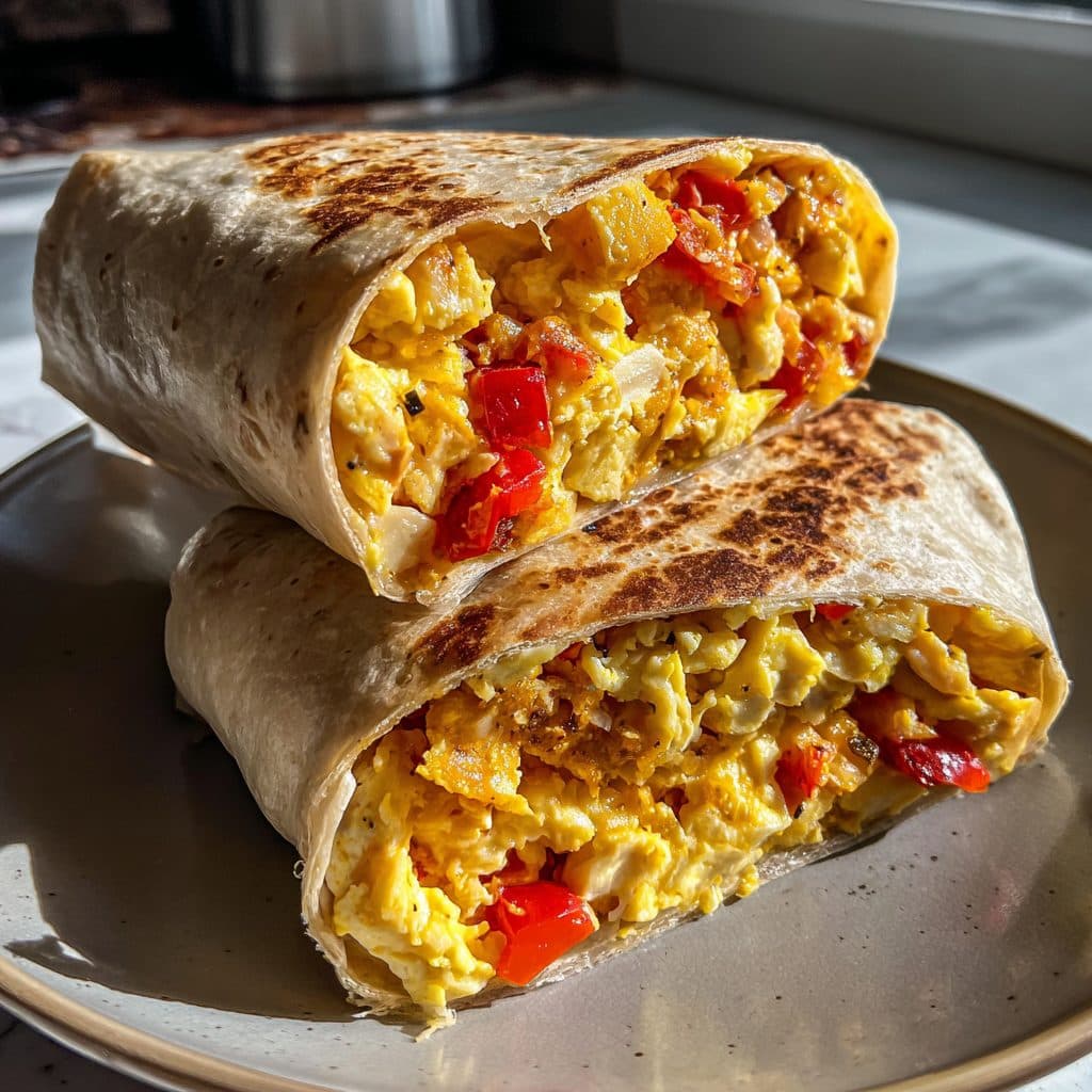 Aufgeschnittener Frühstücks-Burrito mit sichtbarem Rührei, Käse und Paprika auf einem Teller
