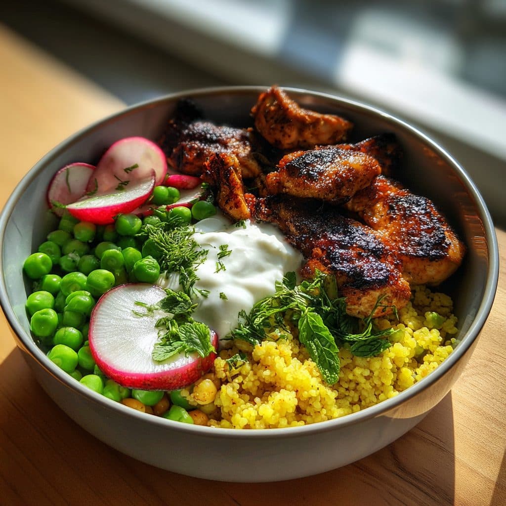 Frühlings-Hähnchen-Bowl mit Zitronen-Kräuter-Couscous und Joghurtdressing