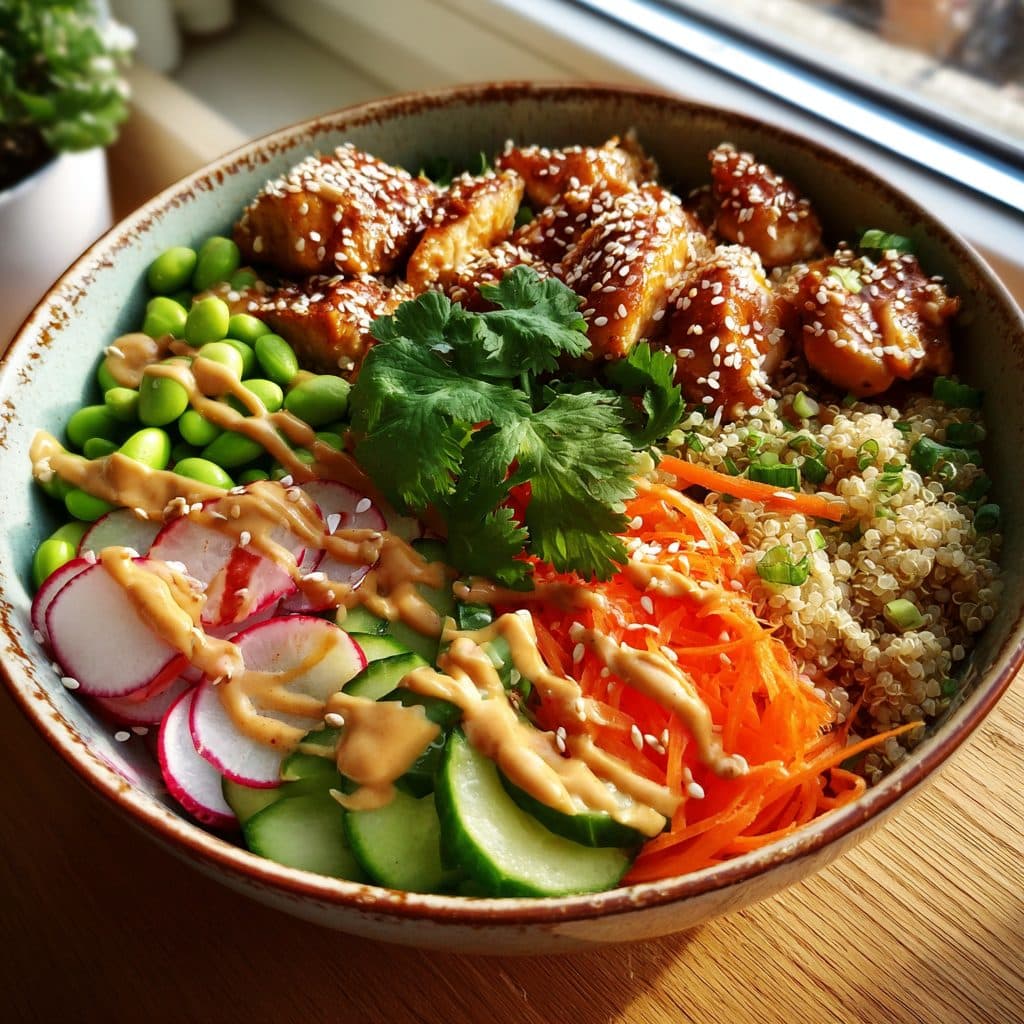 Frühlingshafte Hähnchen-Buddha-Bowl mit Erdnussdressing