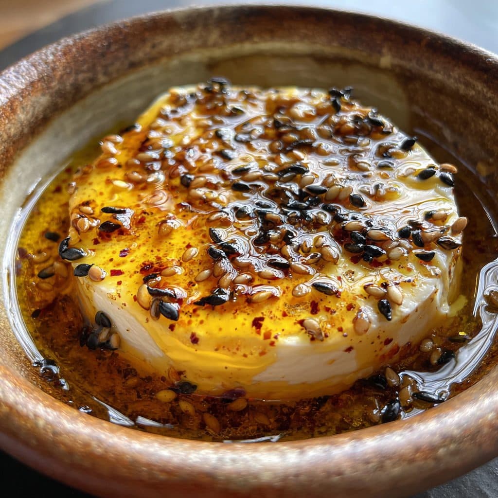 Ein goldbraun gebackener Feta-Block in einer Tonschale mit glänzendem Honig und Sesam.