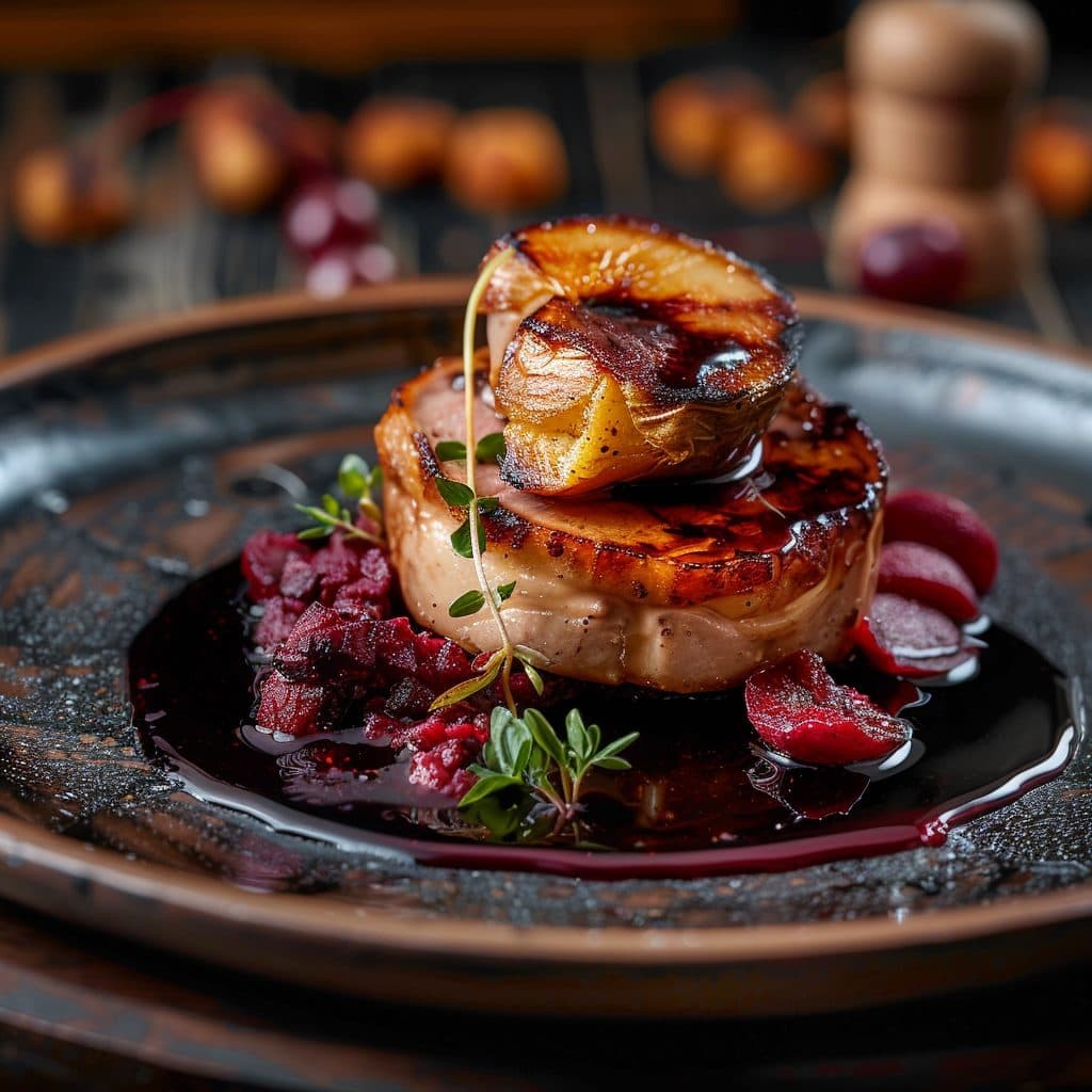Gebratene Entenbrust auf Rotkohl-Apfel-Püree mit Dunklem Preiselbeer-Jus