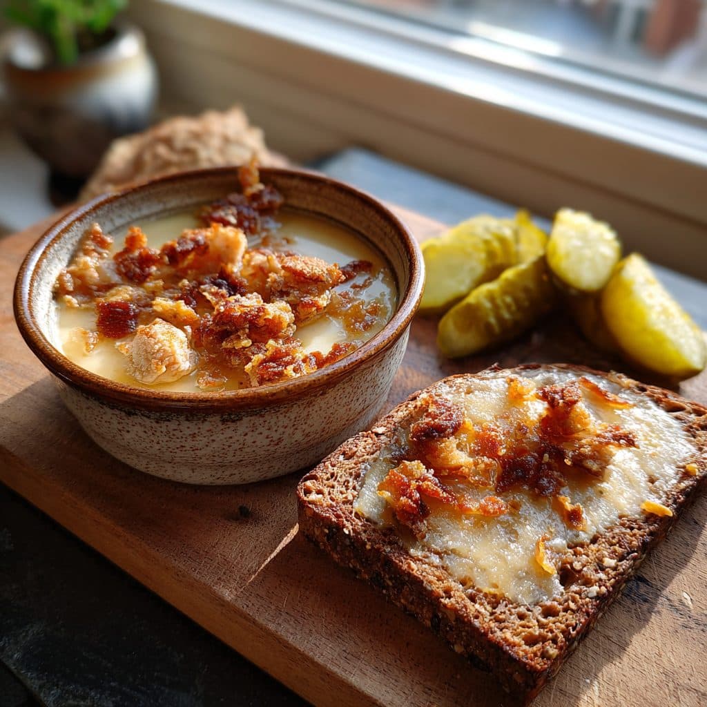 Geflügelschmalz mit knusprigen Grieben und Röstzwiebeln in einem Tonschälchen, daneben dunkles Roggenbrot und Gewürzgurken auf einem Holzbrett.