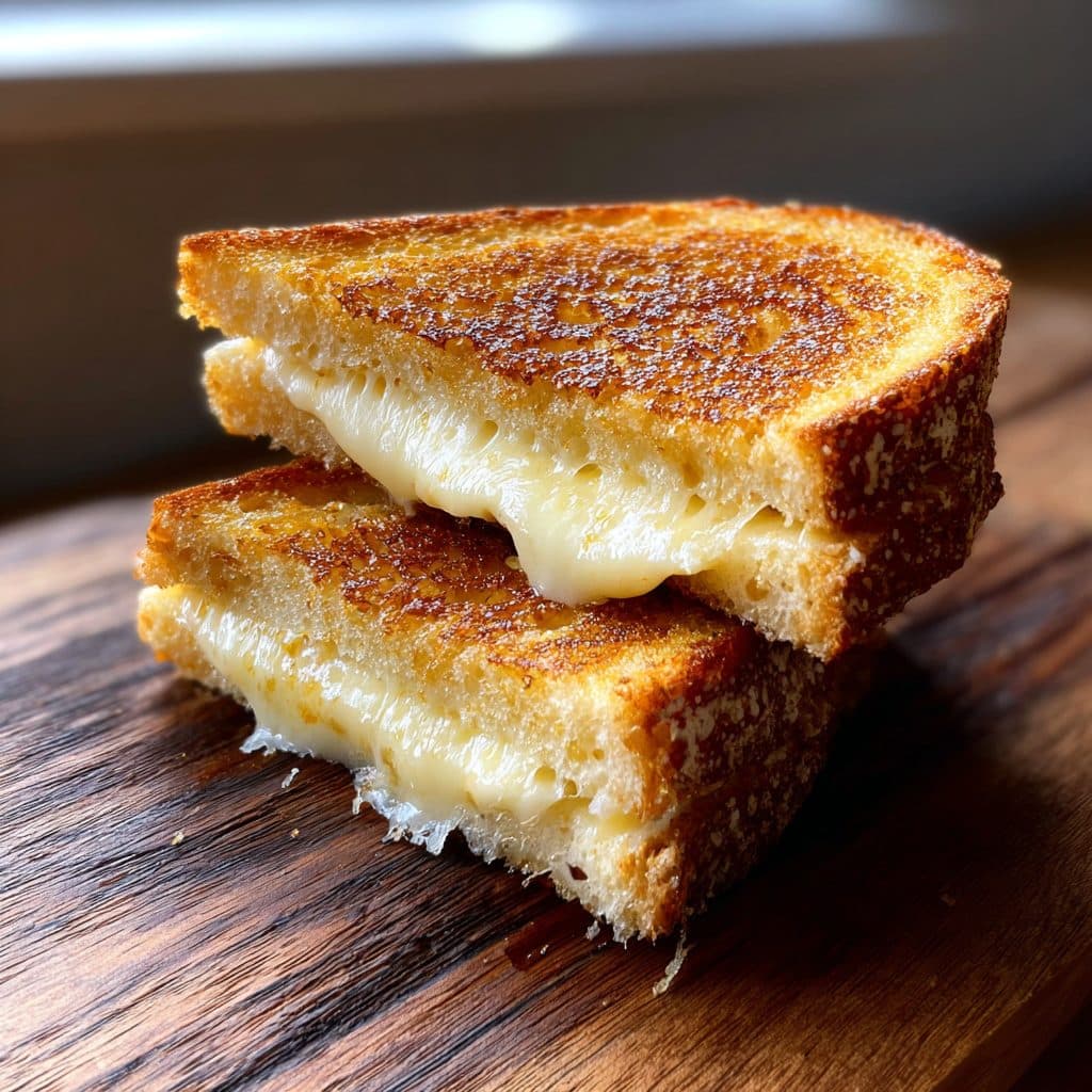 Goldbraun gegrilltes Käse-Sandwich aufgeschnitten mit fädenziehend geschmolzenem Käse auf einem Holzbrett