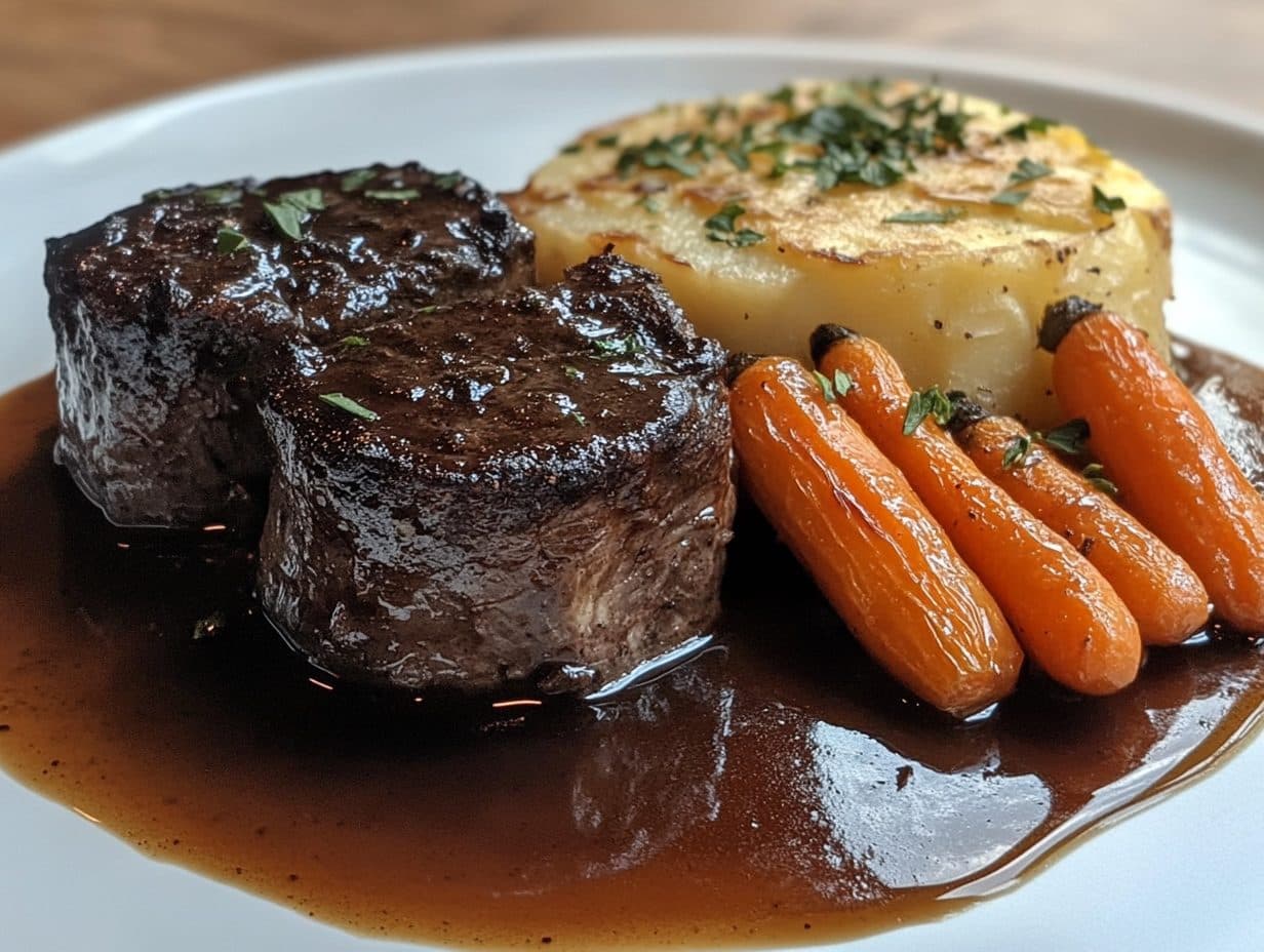 Geschmorte Rinderbäckchen mit Bärlauch-Gratin & Glanz-Karotten