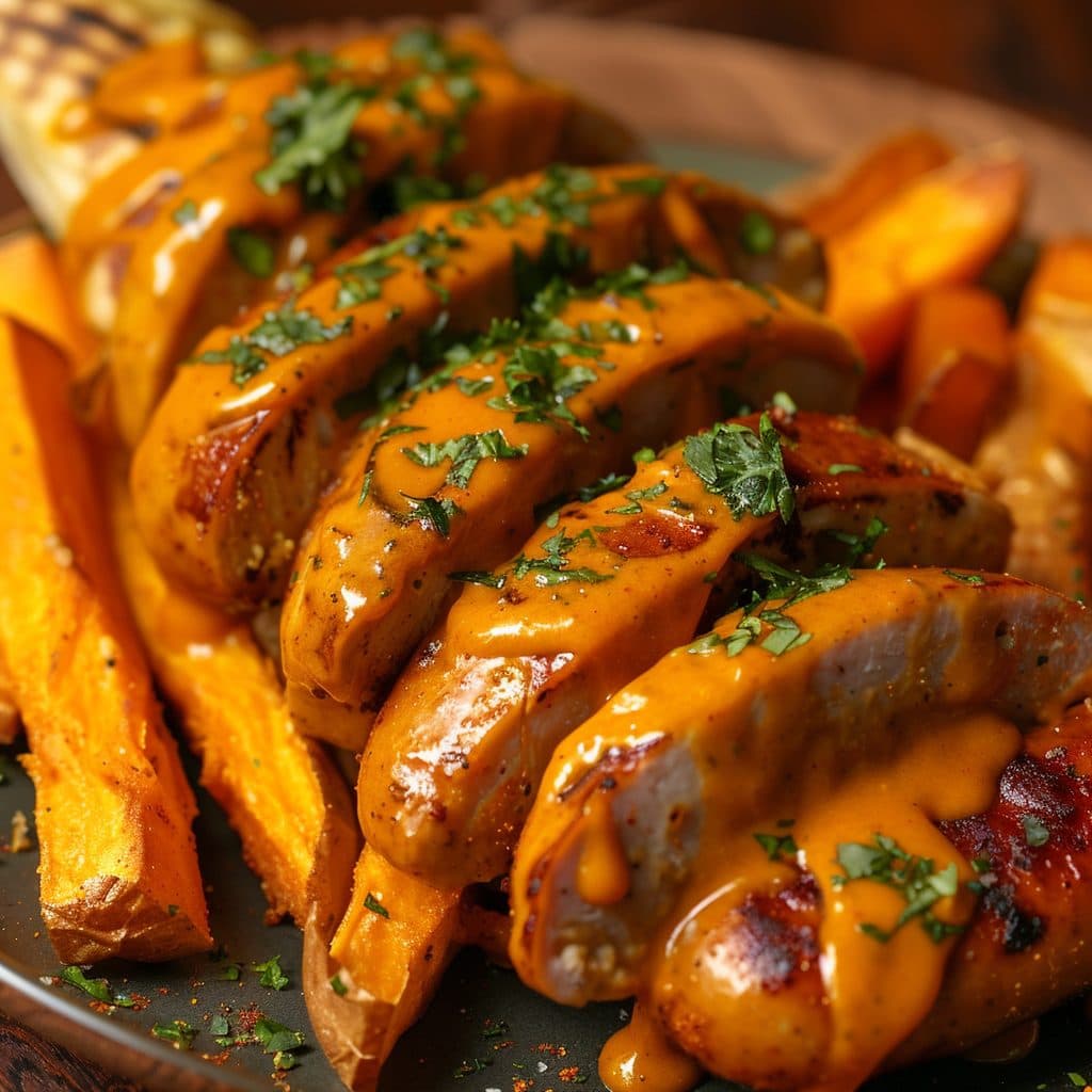 Gourmet Hähnchen-Currywurst mit Mango-Chutney und Süßkartoffel-Pommes