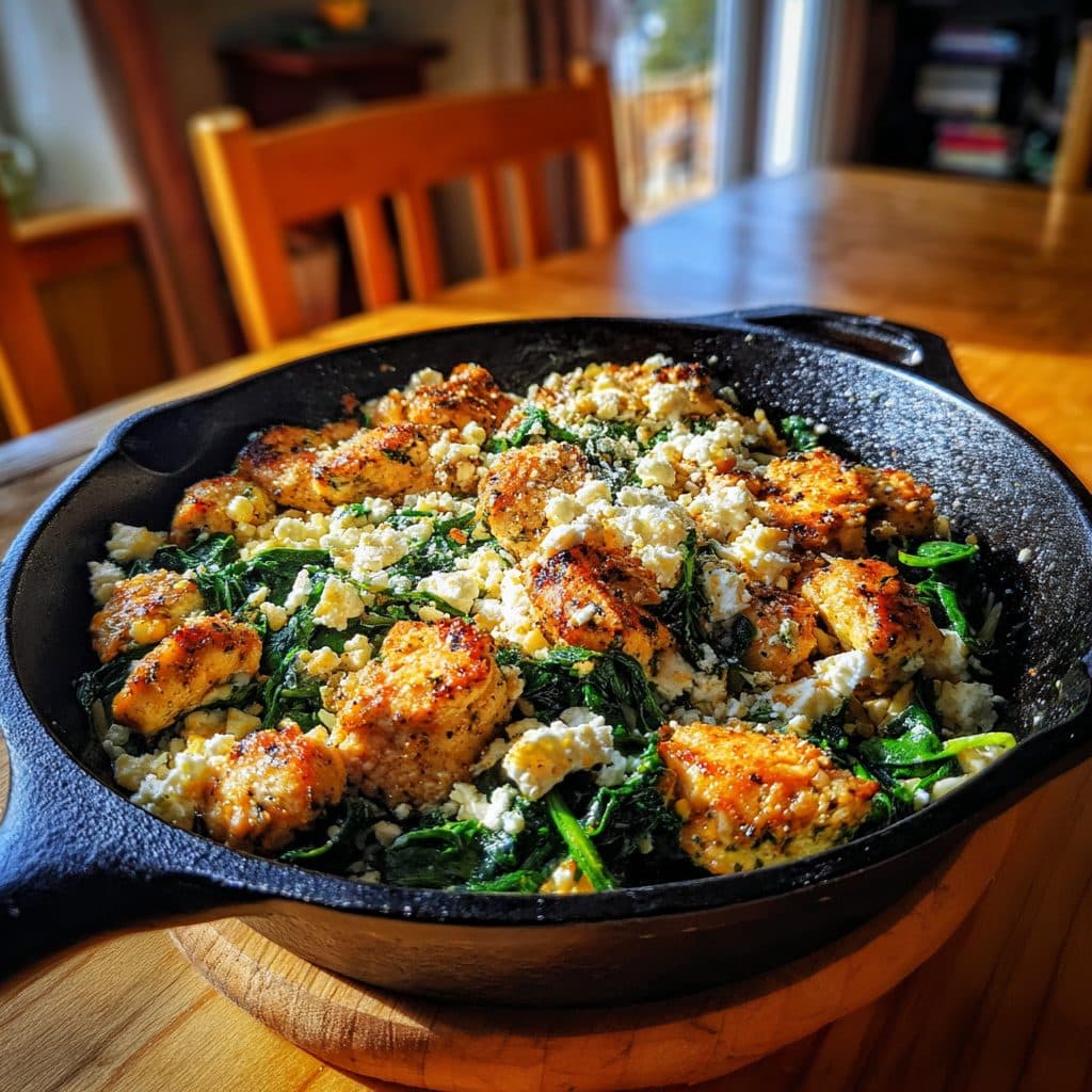 Griechische Hähnchen-Kritharaki-Pfanne mit Spinat und Feta
