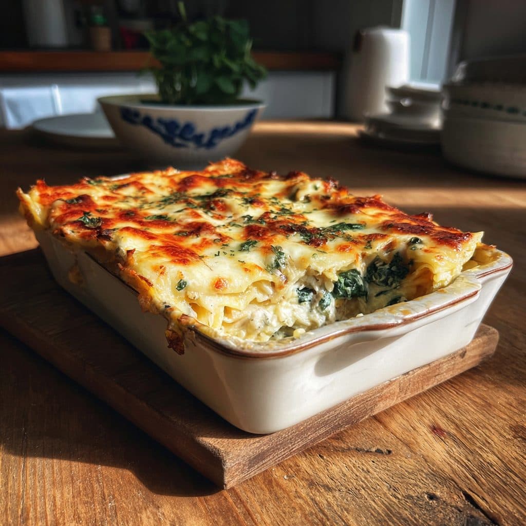 Griechische Kritharaki-Lasagne mit Hähnchen und Spinat