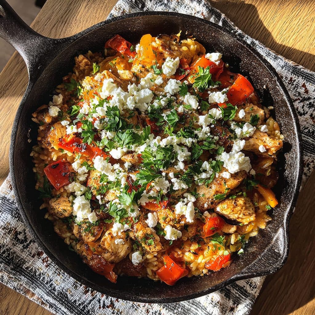 Griechische Kritharaki-Pfanne mit Huhn und Gemüse