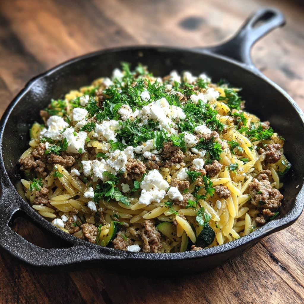 Griechische Kritharaki-Pfanne mit Lammhackfleisch, Zucchini und Feta