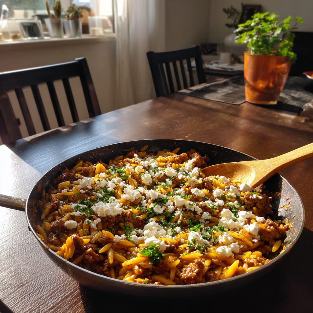 Griechische Kritharaki-Pfanne mit Rinderhackfleisch und Feta