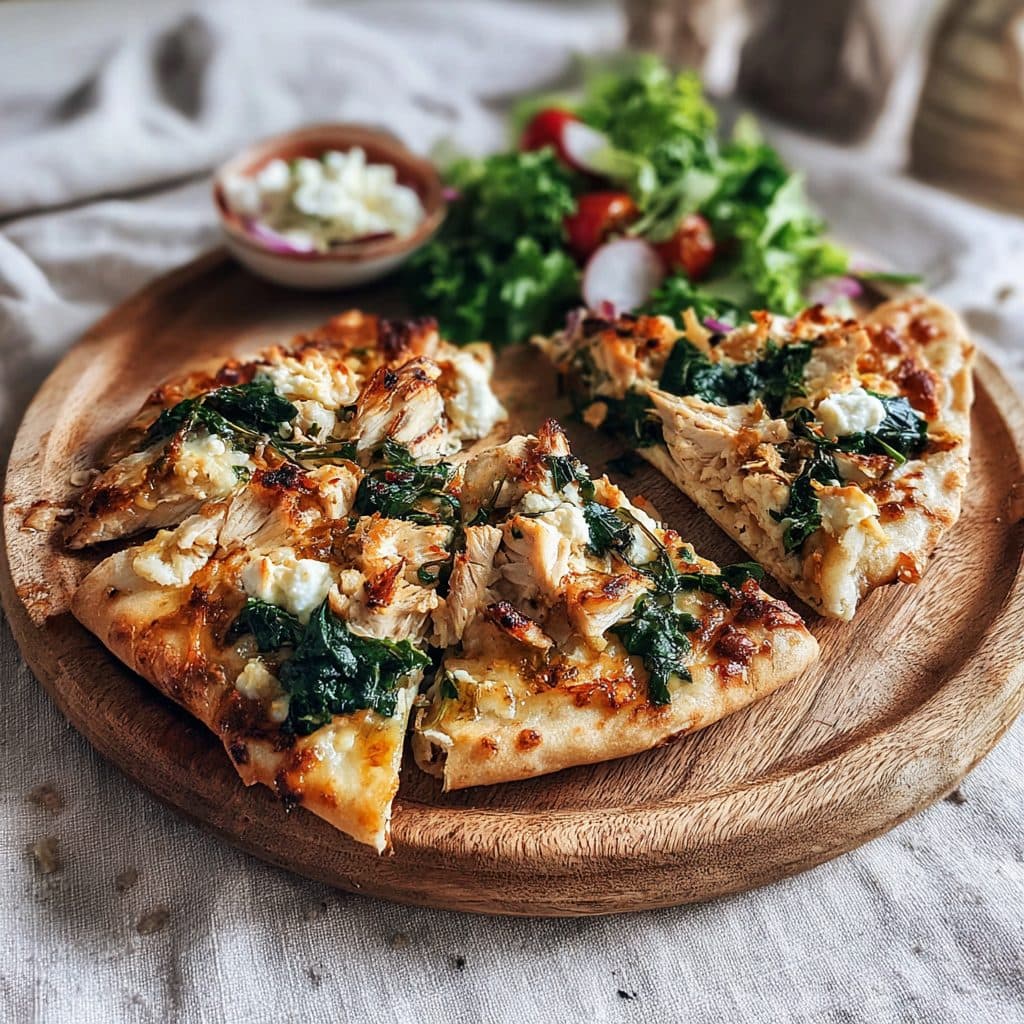 Griechische Pita-Pizza mit Hähnchen, Spinat und Feta