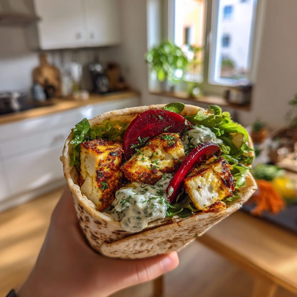 Griechische Pita-Wraps mit gegrilltem Ziegenkäse und Rote Bete