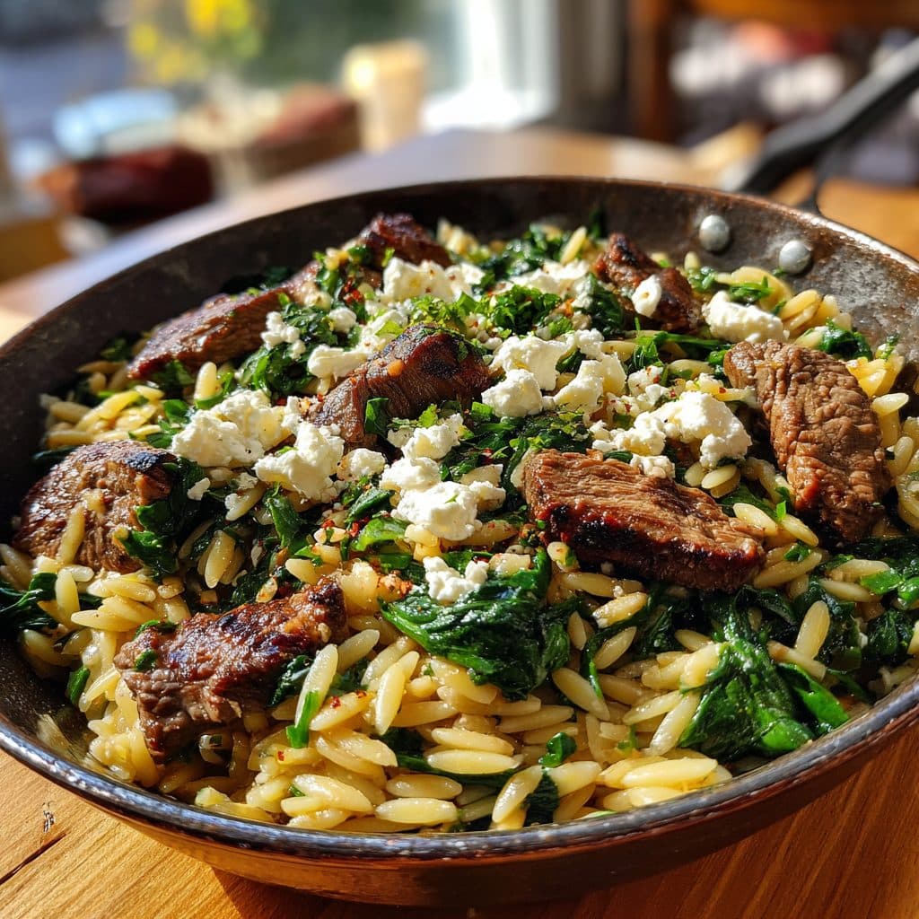 Griechische Rinderfilet-Kritharaki-Pfanne mit Spinat und Feta