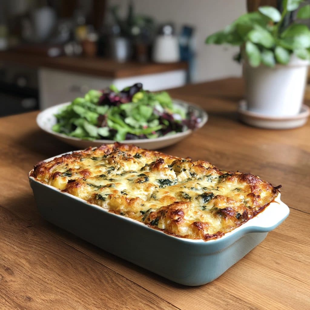 Griechischer Hähnchen-Spinat-Auflauf mit Kritharaki und Feta