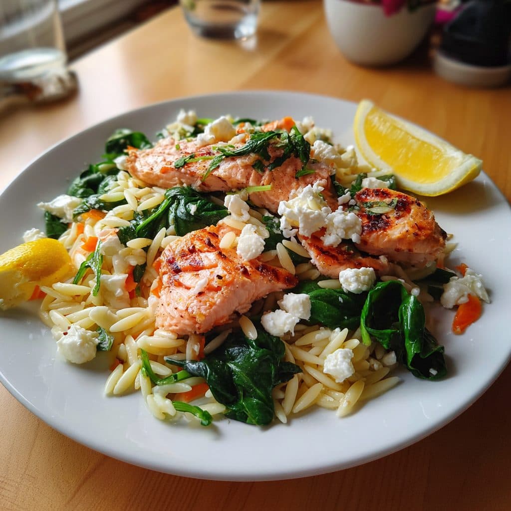 Griechischer Lachs mit Kritharaki-Salat, Spinat und Feta