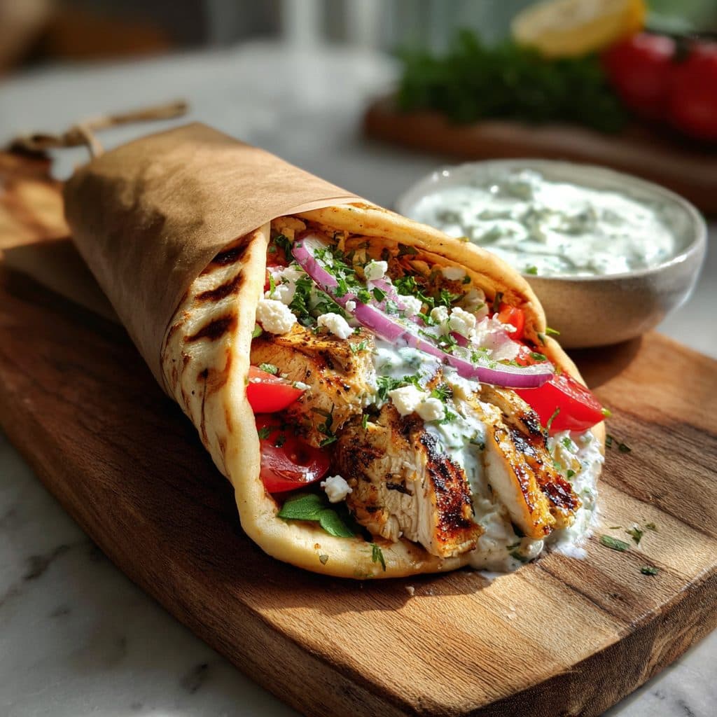 Griechisches Hähnchen-Pita mit Tzatziki und Feta
