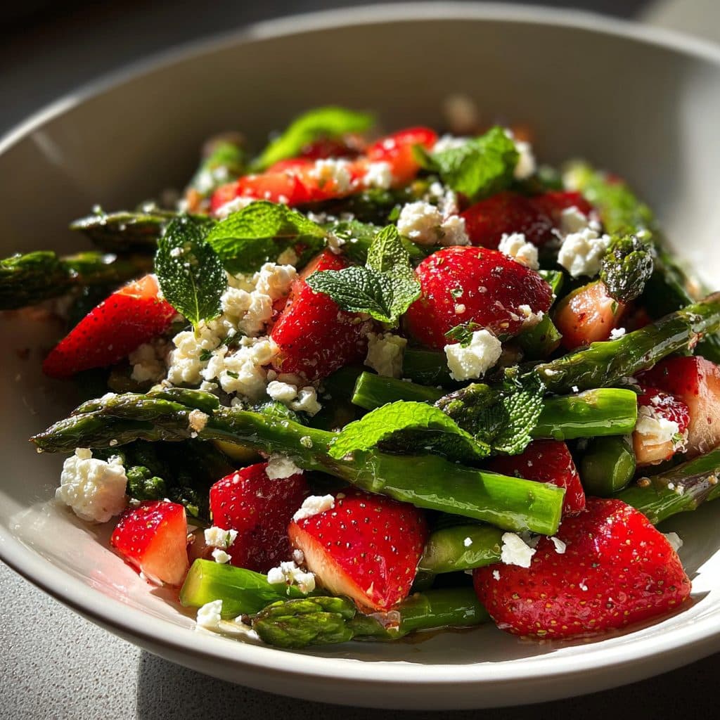 Grüner Spargelsalat mit Erdbeeren, Feta und Minze