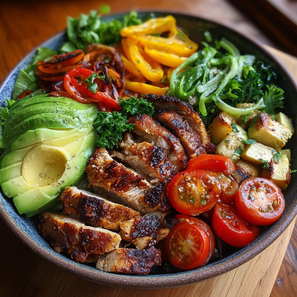 Eine bunte Schüssel mit Hähnchen, orangen Kartoffelwürfeln und grüner Avocado.