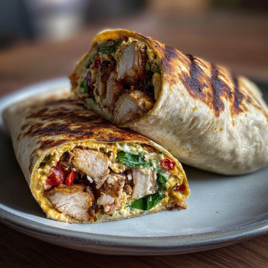 Eng gerollter Dürüm-Wrap mit sichtbaren Hähnchenstücken, buntem Salat und weißer Sauce.
