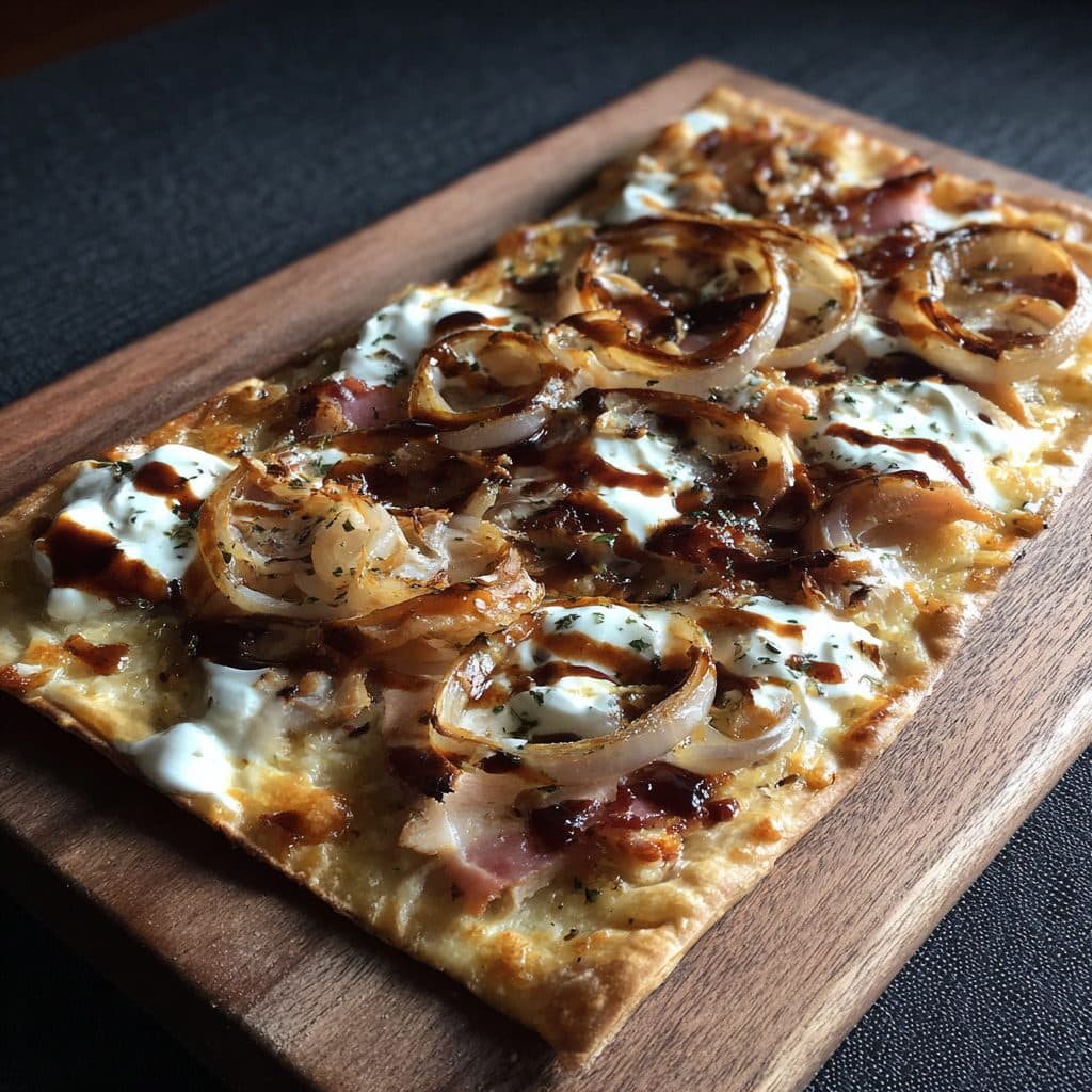 Knuspriger Flammkuchen auf einem Holzbrett mit Crème fraîche, Zwiebelringen und Truthahn-Aufschnitt