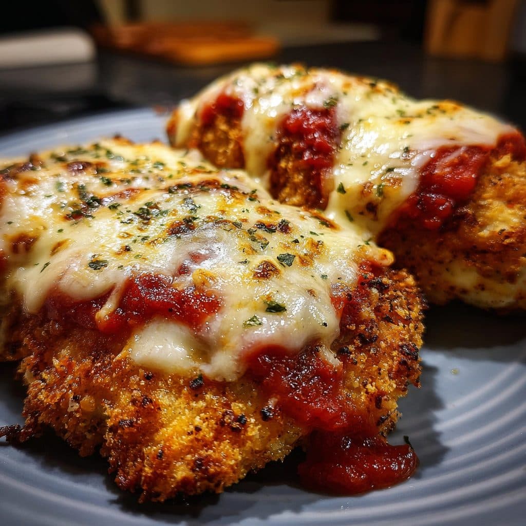 Ein paniertes Schnitzel mit roter Sauce und geschmolzenem weißen Käse.