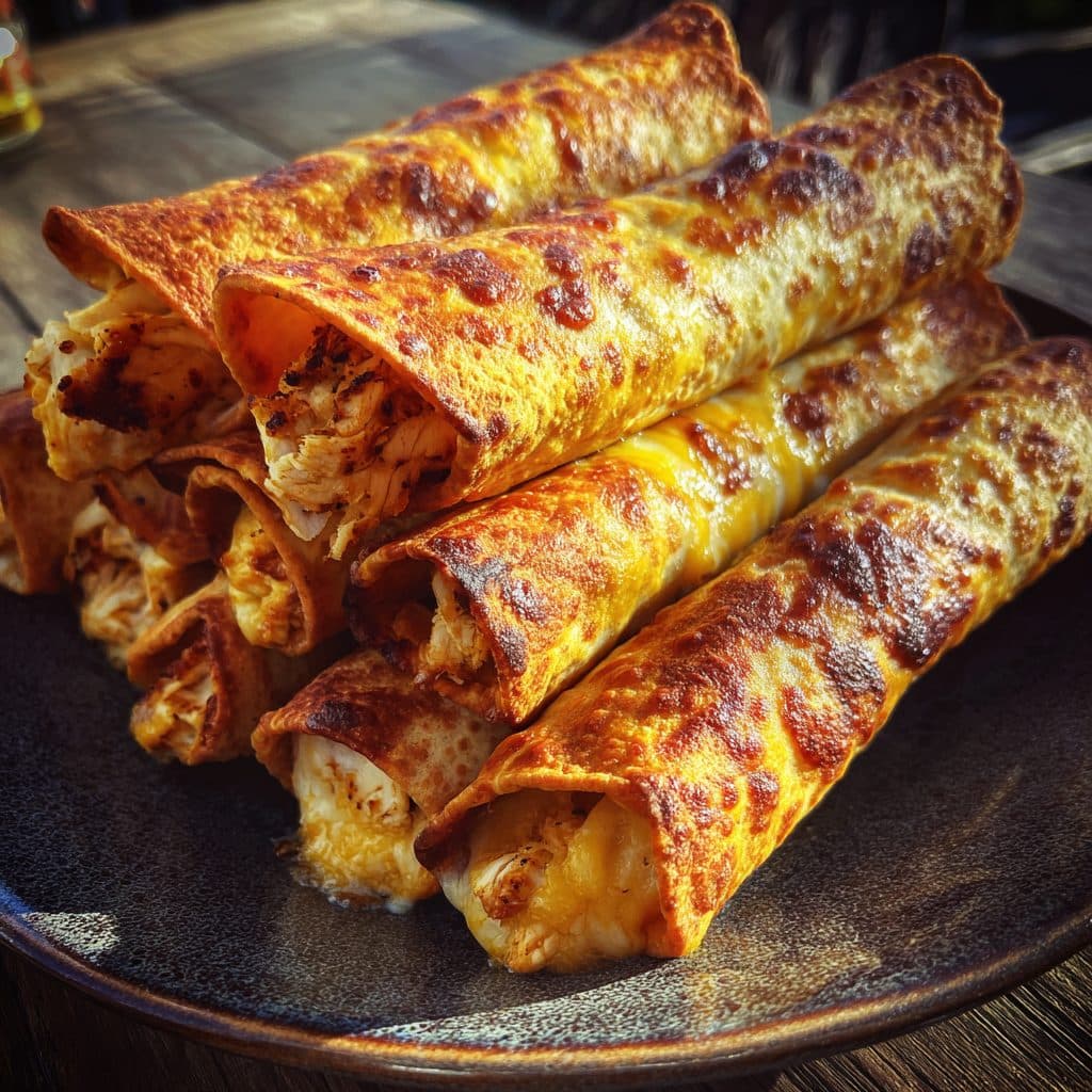 Ein Teller mit mehreren goldgelben, gerollten Taquitos, dazu ein Dip.
