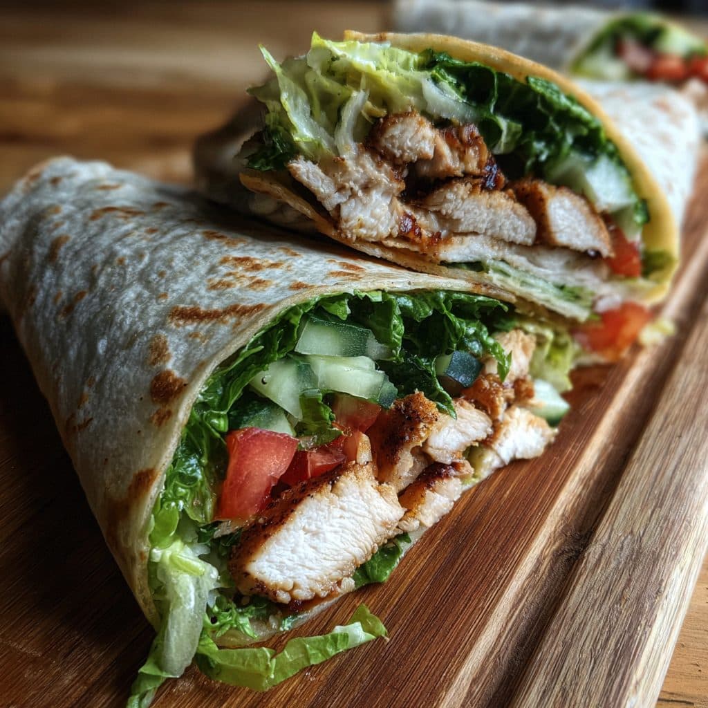 Aufgeschnittener Hähnchen-Wrap mit sichtbarer Füllung aus Hähnchen, Salat und Gemüse auf einem Holzbrett