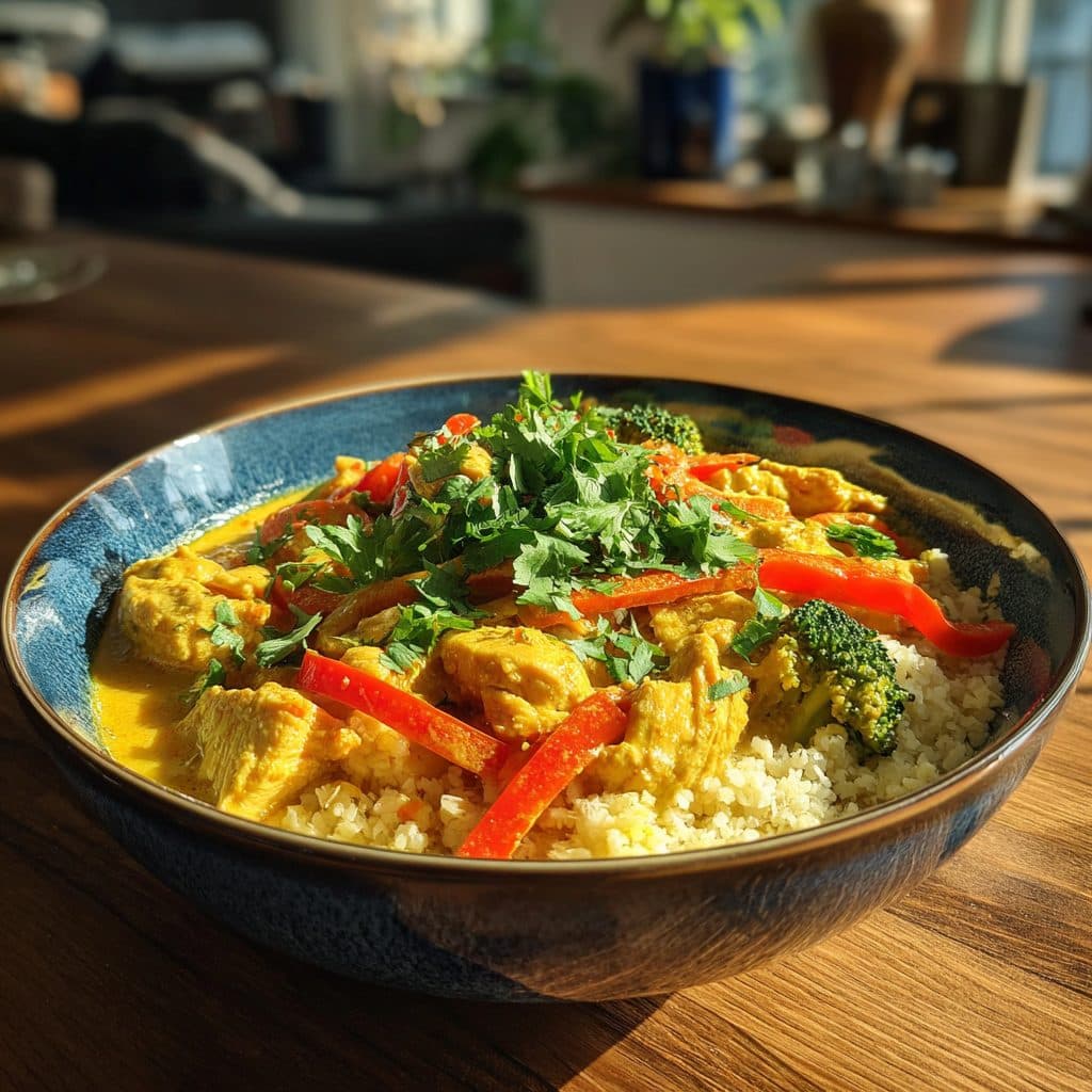 Hähnchen-Curry mit Kokosmilch und Blumenkohlreis (Low-Carb)