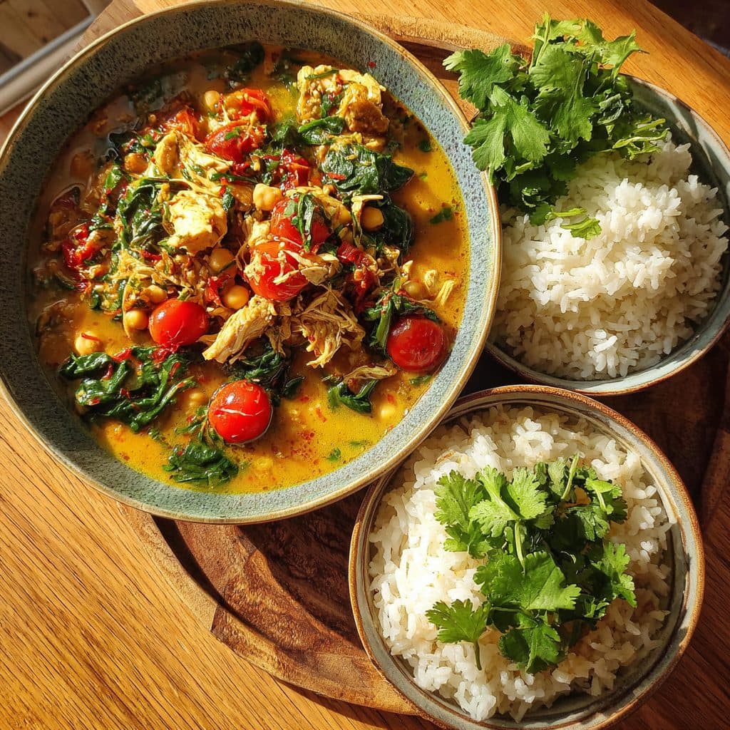 Hähnchen-Kichererbsen-Curry mit Kokosmilch und Basmatireis