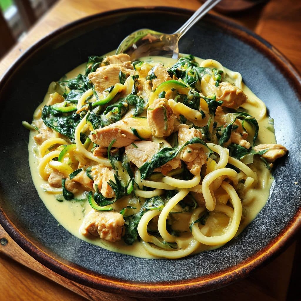 Hähnchen-Zucchini-Sahnesauce mit Udon-Nudeln und Spinat