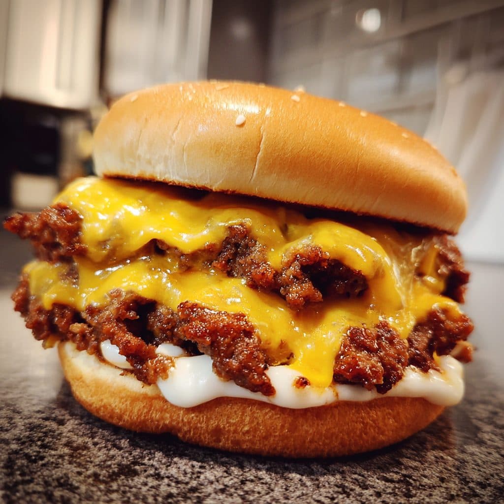 Zwei aufeinandergestapelte Smash Burger mit triefendem Käse und frischem Salat in einem glänzenden Brioche-Brötchen.